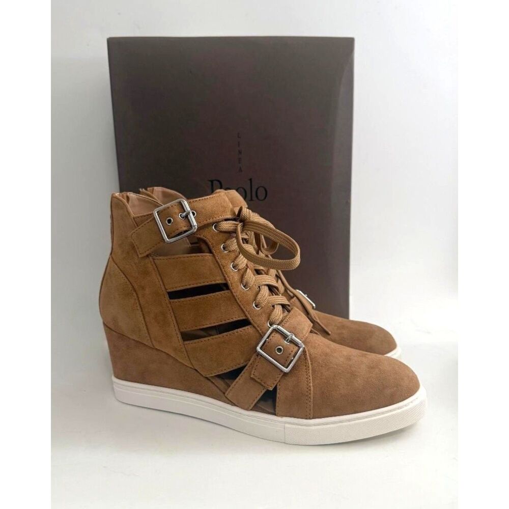 Linea Paolo FAVE Tan Kid Suede Cutout Wedge Sneaker, NEW! Size 9M